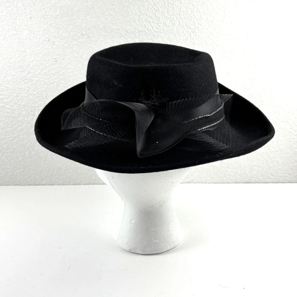 Vintage Wool Felt Hat Womens OS Black Mesh Bow Bead Accent Mid Century MCM